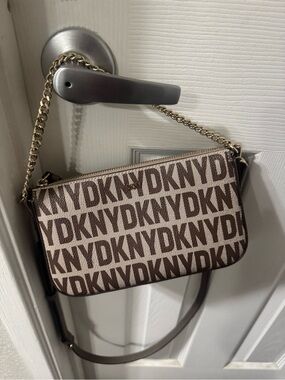 DKNY Brown and Cream Logo Print Crossbody Bag with Gold Chain